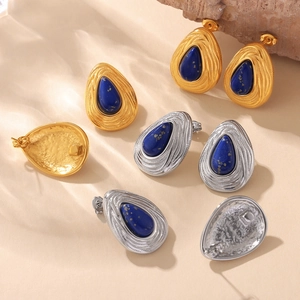 Boucles d'oreilles vintage goutte d'eau dorées et argentées avec pierres lapis-lazuli