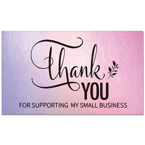 Detail view of purple gradient business thank you card with gold foil texture and leaf accents