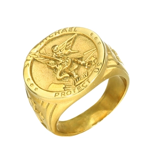 Gold stainless steel Saint Michael signet ring with religious relief and engraving