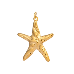 Detail view of 18K gold plated stainless steel starfish pendant with textured finish