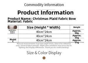 Detailed size chart for plaid linen Christmas tree bows measuring 40cm by 24cm