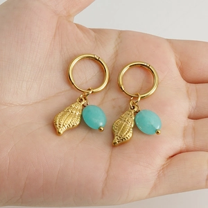 Retro gold hoop earrings featuring seashell charms and turquoise oval beads for women