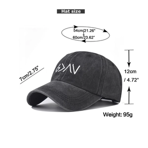 Detailed size specifications for washed denim baseball cap with G>ΛV embroidery