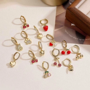 Copper Hoop Earrings With Cubic Zirconia Strawberry Cherry Heart Pendants Sweet Jewelry For Women