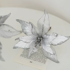 Fleur de poinsettia de Noël artificielle argentée de 25cm pour décor d'arbre et de couronne