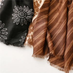Detailed close-up of soft floral pattern and striped textures with fringed edges