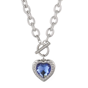 Silver-tone heart necklace with blue faceted crystal and T-bar toggle clasp on link chain