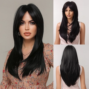 Detail view of black medium-length straight wig with curtain bangs and layered cut from multiple angles