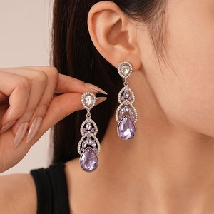 Elegant silver drop earrings with purple rhinestones and luxury teardrop crystals