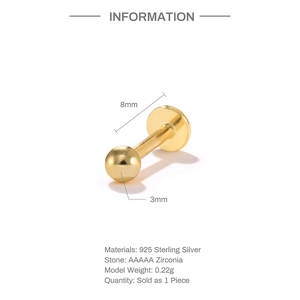 S925 sterling silver gold stud with 8mm post length and 3mm ball diameter measurements
