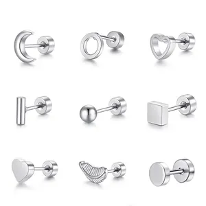 Minimalist Stainless Steel Geometric Stud Earrings Unisex Heart Moon Feather Round Square Screw Back Threaded Barbell Piercing Jewelry