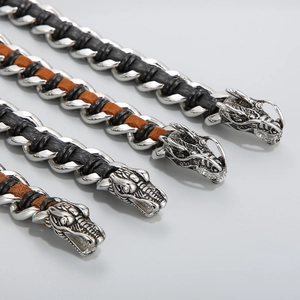 Pulsera punk con cabeza de dragón de acero inoxidable y cuero trenzado para hombre