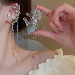 Butterfly Flower Tassel Ear Wrap Clip Earrings Alloy Rhinestone Water Drop Long Fringe Fairy Style Non Pierced Women
