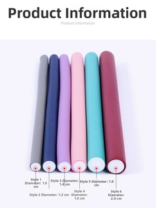 Size specifications chart for heatless hair rollers showing diameters from 1.0cm to 2.0cm