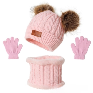 Ensemble d'hiver rose tricoté pour enfants avec bonnet à pompons, écharpe et gants