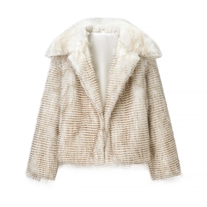 Veste courte en fausse fourrure pour femme avec revers et texture rayée beige