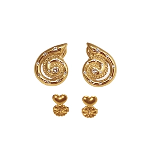 Golden spiral conch stud earrings with colorful zircon inlay and heart-shaped backings