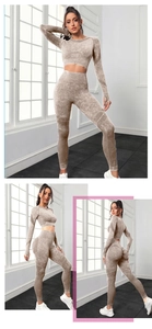 Three-way view of seamless knit yoga set showing cutout details and tie-dye texture