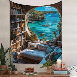 Detail of bohemian landscape tapestry showing a seaside view window on white wall