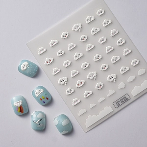 5D embossed nail art stickers featuring cute 3D clouds and blue sky DIY design