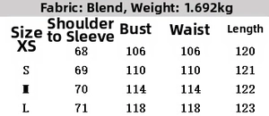 Detailed size chart for women's stand collar coat with belt and fabric specifications