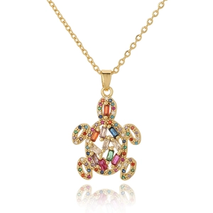 Colorful zircon sea turtle pendant on gold chain with high-end mirror reflection