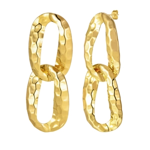Golden double oval hoop earrings with hammered metal texture in a minimalist chic style