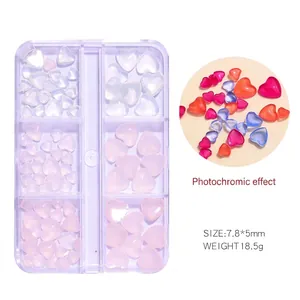 Macro detail of UV-reactive 3D camellia nail charms with 7.8x5mm dimensions and heart box