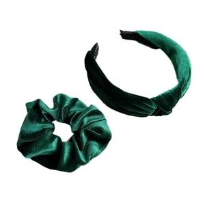 Dark green velvet headband and scrunchie set with soft texture for Christmas style