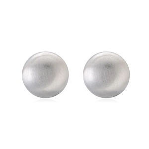 Minimalist silver spherical stud earrings with brushed metallic finish on white background