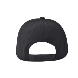 Rear view of black six-panel baseball cap showing adjustable snapback closure