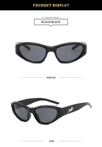 Detailed views of black Y2K wraparound sunglasses featuring silver star temples