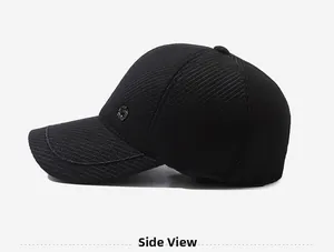 Side view of men's winter baseball cap with ear protection and metal emblem