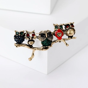 Retro five owls on a branch brooch with colorful rhinestones and enamel accents