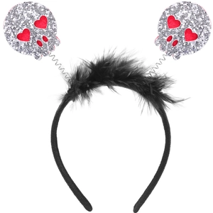 Halloween headband with black feathers and silver glitter skulls with red heart eyes