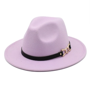 Detail of lavender wool felt fedora featuring a black leather band and gold buckle