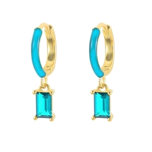 Detail of gold hoops with light blue enamel and a square-cut green gemstone drop