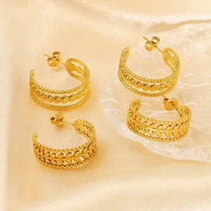 Minimalist 18K gold plated hollow star earrings and textured C-hoop studs set for women