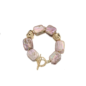 Baroque irregular purple pearl bracelet with 18k gold-plated square beads and T-bar toggle clasp