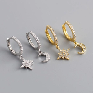 S925 sterling silver asymmetric star and moon hoop earrings with cubic zirconia stones