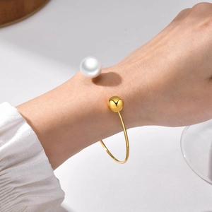 Stainless Steel Open Cuff Bangle With Simulated Artificial Pearl And Metal Sphere Gold Plated Fashion Jewelry For Women