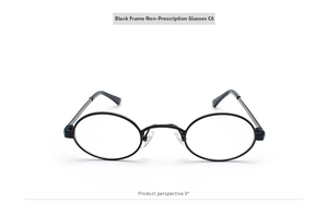 Detail view of oval black metal frame glasses with clear lenses and anti-slip temple tips