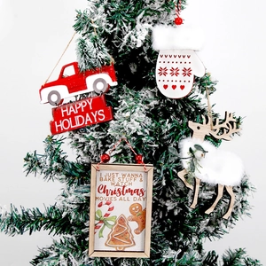 Christmas Wooden Hanging Ornaments Reindeer Red Truck Mitten Shapes With Faux Fur For Holiday Tree Door Decor