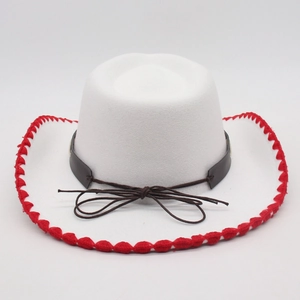 Close-up of white felt cowboy hat with distinctive red blanket stitch and brown decorative band
