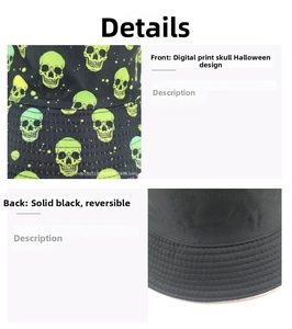 Detail of reversible Halloween bucket hat showing green skull print and black cotton brim