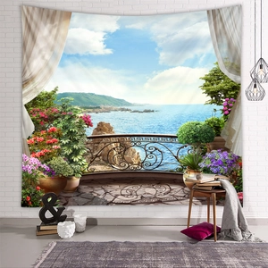 Detail view of sunset seascape tapestry with realistic 3D balcony and flower print design