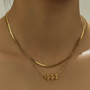 Gold Stainless Steel Double Layered Angel Number 444 Pendant Necklace For Women Snake Chain Layered Clavicle Necklace Jewelry
