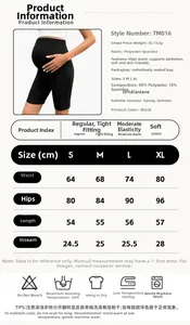 Size guide for maternity biker shorts with adjustable waist and stretch fabric measurements