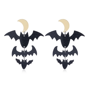 Halloween black glitter bat earrings with gold moon hooks made of lightweight acrylic