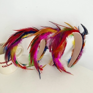 Detail of colorful feather headbands with pink base on a clean white background
